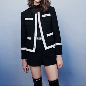 MAJE Two-Piece Black Tweed Blazer & Shorts Set – Contrast-Trim, Size 36 (US S)